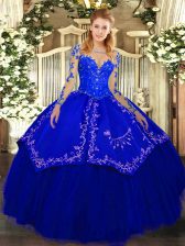 Fine Scoop Long Sleeves Lace Up Quinceanera Dresses Royal Blue Organza and Taffeta