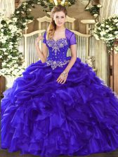  Sleeveless Floor Length Beading and Ruffles and Pick Ups Lace Up 15 Quinceanera Dress with Purple