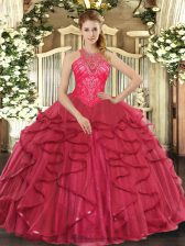 Affordable Coral Red Sleeveless Organza Lace Up Ball Gown Prom Dress for Military Ball and Sweet 16 and Quinceanera