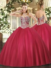 Glamorous Sweetheart Sleeveless Sweet 16 Dress Floor Length Beading Red Tulle