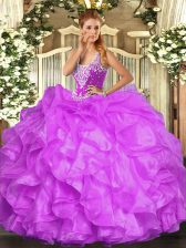  Lilac Lace Up Straps Beading and Ruffles Sweet 16 Dress Organza Sleeveless