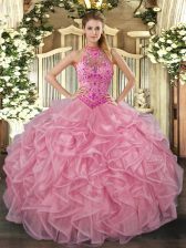  Baby Pink Lace Up Vestidos de Quinceanera Embroidery and Ruffles Sleeveless Floor Length