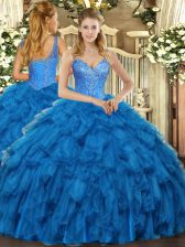 Stylish Blue Organza Lace Up Quinceanera Dress Sleeveless Floor Length Beading and Ruffles
