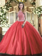  High-neck Sleeveless Lace Up Quinceanera Gowns Red Tulle