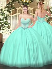 Modern Apple Green Ball Gowns Sweetheart Sleeveless Satin Floor Length Lace Up Beading Sweet 16 Dresses