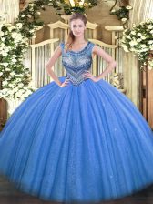 Hot Sale Beading 15 Quinceanera Dress Blue Lace Up Sleeveless Floor Length