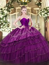  Sweetheart Sleeveless Ball Gown Prom Dress Floor Length Embroidery and Ruffled Layers Eggplant Purple Organza and Taffeta