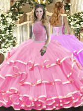 Sumptuous Rose Pink Sleeveless Beading and Ruffled Layers Floor Length Quinceanera Dress