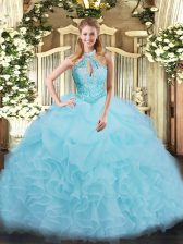  Aqua Blue Ball Gowns Halter Top Sleeveless Organza Floor Length Lace Up Beading and Ruffles Sweet 16 Dresses