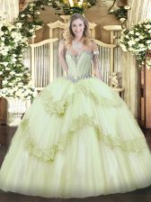 High Quality Sleeveless Tulle Floor Length Lace Up Sweet 16 Dress in Yellow Green with Beading and Appliques