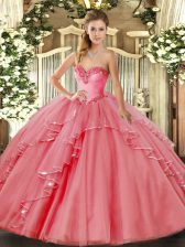 Attractive Watermelon Red Lace Up Quinceanera Dress Beading and Ruffled Layers Sleeveless Floor Length