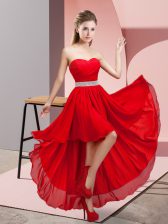 Cute Wine Red Sleeveless Beading High Low Prom Party Dress