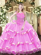 Customized Lilac Sleeveless Beading and Ruffled Layers Floor Length 15th Birthday Dress