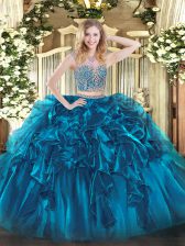 Flirting Blue Sleeveless Organza Lace Up Quinceanera Dresses for Military Ball and Sweet 16 and Quinceanera