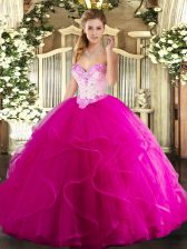 Trendy Sweetheart Sleeveless Tulle 15th Birthday Dress Beading and Ruffles Lace Up