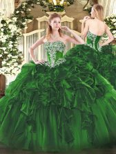 Great Dark Green Sleeveless Organza Lace Up Quinceanera Gown for Military Ball and Sweet 16 and Quinceanera