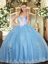 Super Sleeveless Floor Length Beading and Appliques Lace Up 15th Birthday Dress with Aqua Blue