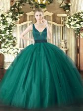 Unique Teal Sleeveless Tulle Zipper Sweet 16 Quinceanera Dress for Military Ball and Sweet 16 and Quinceanera