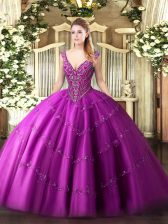Decent Floor Length Fuchsia Quinceanera Gown Tulle Sleeveless Beading and Appliques