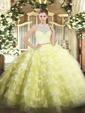Perfect Yellow Two Pieces Scoop Sleeveless Tulle Floor Length Zipper Lace and Ruffled Layers Quince Ball Gowns