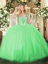  Beading Vestidos de Quinceanera Apple Green Lace Up Sleeveless Floor Length