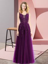 Luxurious Square Sleeveless Backless Prom Dress Dark Purple Tulle
