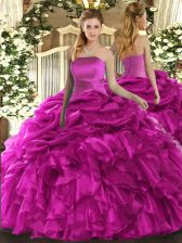 Comfortable Fuchsia Ball Gowns Organza Strapless Sleeveless Ruffles and Pick Ups Floor Length Lace Up Quinceanera Dresses