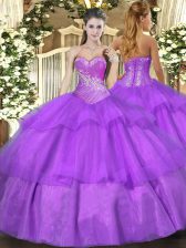 Pretty Sweetheart Sleeveless Tulle Sweet 16 Quinceanera Dress Beading and Ruffled Layers Lace Up