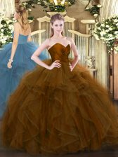 Glittering Brown Sleeveless Tulle Zipper 15 Quinceanera Dress for Military Ball and Sweet 16 and Quinceanera