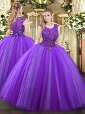 Sexy Eggplant Purple Sleeveless Floor Length Beading Zipper Quince Ball Gowns