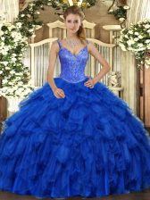 Spectacular Royal Blue Sleeveless Beading and Ruffles Floor Length Quince Ball Gowns