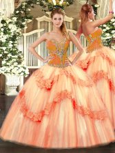Exceptional Floor Length Peach Quinceanera Gowns Tulle Sleeveless Beading