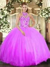  Tulle Halter Top Sleeveless Lace Up Beading and Embroidery Sweet 16 Dresses in Lilac