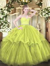  Beading and Lace and Ruffled Layers Quinceanera Gown Olive Green Zipper Sleeveless Brush Train