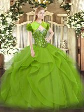 Beauteous Sleeveless Floor Length Beading and Ruffles Lace Up Quince Ball Gowns