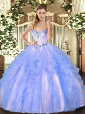 Best Selling Sleeveless Tulle Floor Length Lace Up Quinceanera Dresses in Blue And White with Beading and Ruffles