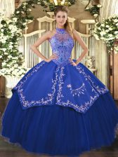 Spectacular Sleeveless Floor Length Beading and Embroidery Lace Up Quinceanera Dress with Blue