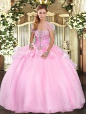  Baby Pink Ball Gowns Organza Strapless Sleeveless Appliques Floor Length Lace Up Quinceanera Dresses