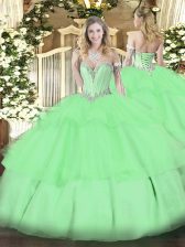 Stylish Sweetheart Sleeveless 15 Quinceanera Dress Floor Length Beading and Ruffled Layers Apple Green Tulle