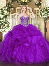  Eggplant Purple Organza Lace Up Sweet 16 Dresses Sleeveless Floor Length Beading and Ruffles