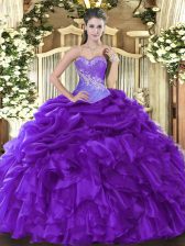  Purple Lace Up Quince Ball Gowns Beading and Ruffles and Pick Ups Sleeveless Floor Length