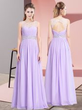 Sexy Lavender Empire Scoop Sleeveless Chiffon Floor Length Lace Up Beading Dress for Prom