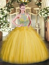  Ball Gowns Quinceanera Dresses Gold Halter Top Tulle Sleeveless Floor Length Lace Up