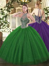 Exquisite Green Ball Gowns Tulle Halter Top Sleeveless Beading Floor Length Lace Up 15th Birthday Dress
