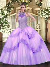 Cheap Lavender Lace Up Halter Top Beading and Appliques Sweet 16 Dresses Tulle Sleeveless