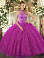  Halter Top Sleeveless Lace Up Ball Gown Prom Dress Fuchsia Tulle