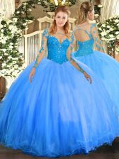 Latest Baby Blue Long Sleeves Tulle Lace Up Ball Gown Prom Dress for Military Ball and Sweet 16 and Quinceanera