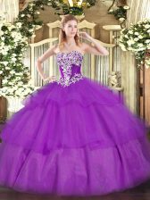  Purple Lace Up 15th Birthday Dress Beading and Ruffled Layers Sleeveless Floor Length