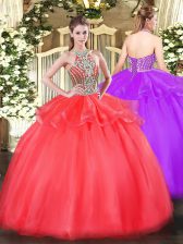  Floor Length Ball Gowns Sleeveless Coral Red Quinceanera Gown Lace Up
