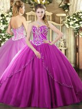 Fashion Sleeveless Beading Lace Up 15th Birthday Dress with Fuchsia Brush Train